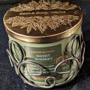 Bath & Body Works Sweet Whiskey Candle with Gold Lid & Black Scroll Iron Holder